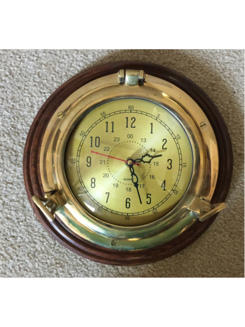 Nautical Ship’s Clock Porthole Look Brass & dark wood 10 Inch Working